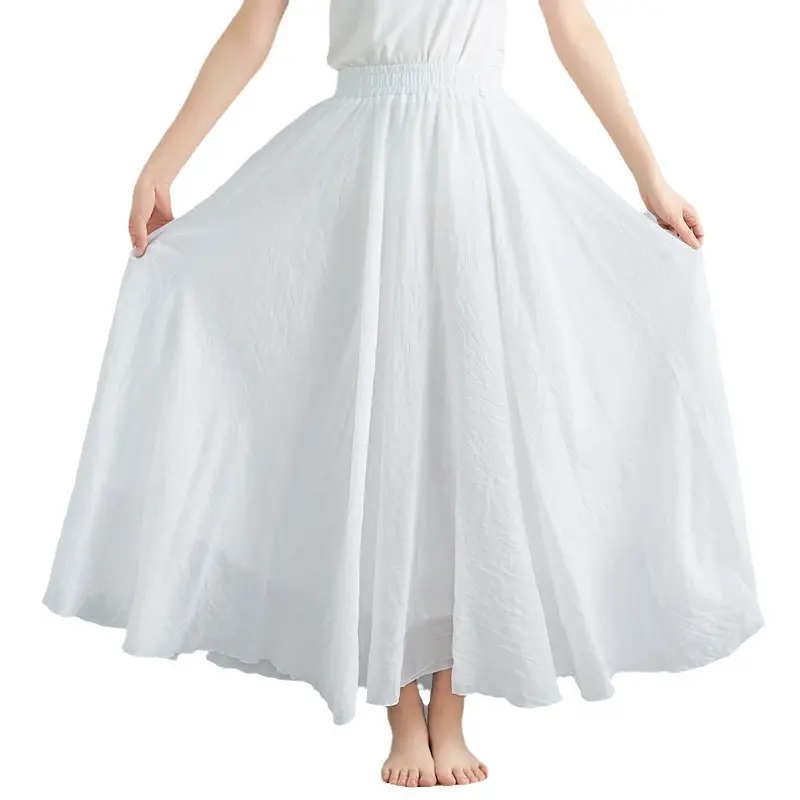 Mori Girl Literary Large Linen A-Line Skirt Blue - Image 46