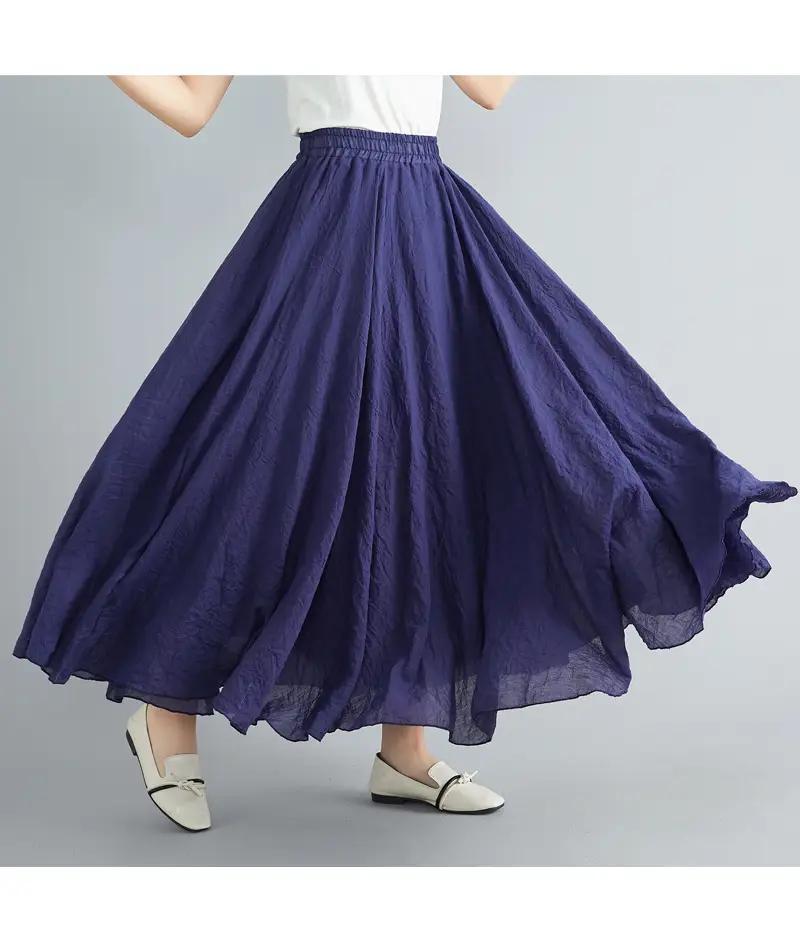 Mori Girl Literary Large Linen A-Line Skirt Blue — feature 16