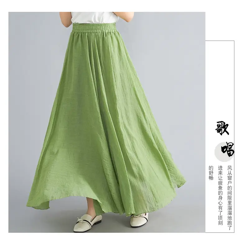 Mori Girl Literary Large Linen A-Line Skirt Blue — feature 20
