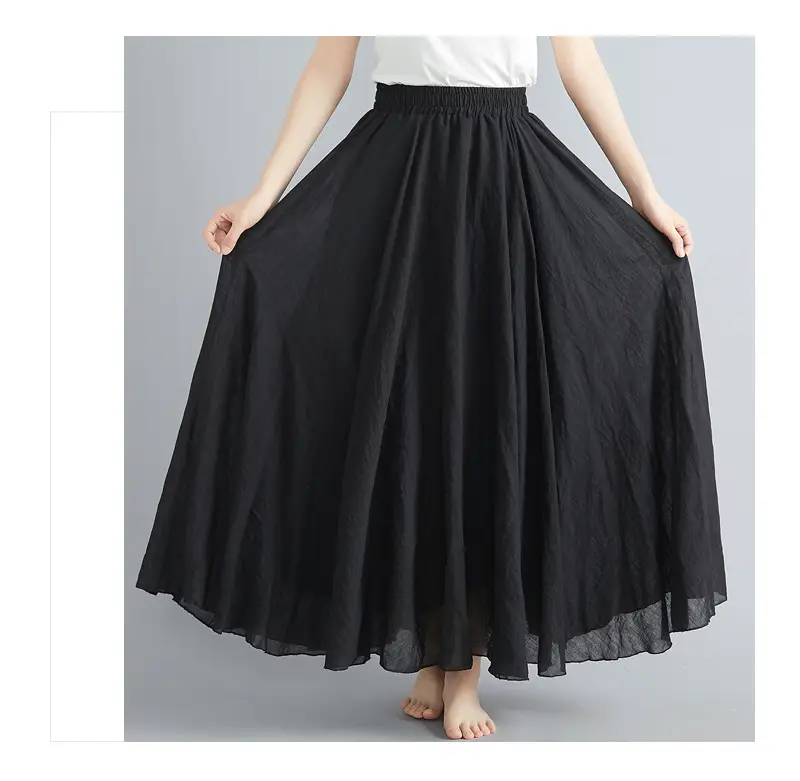 Mori Girl Literary Large Linen A-Line Skirt Blue — feature 28