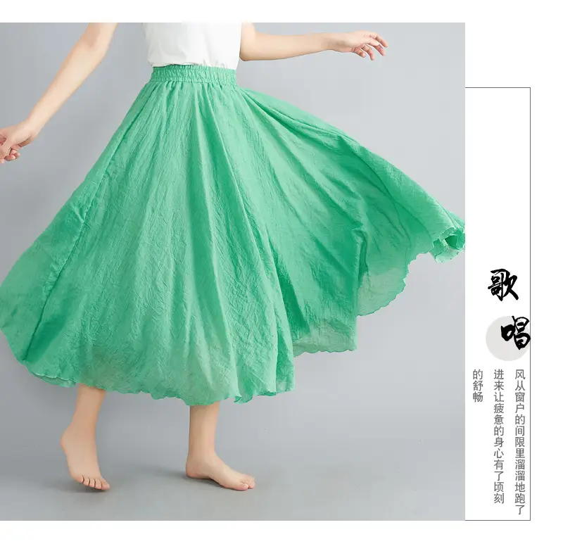 Mori Girl Literary Large Linen A-Line Skirt Blue — feature 32