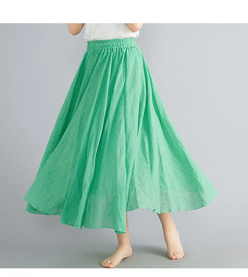 Mori Girl Literary Large Linen A-Line Skirt Blue — feature 35