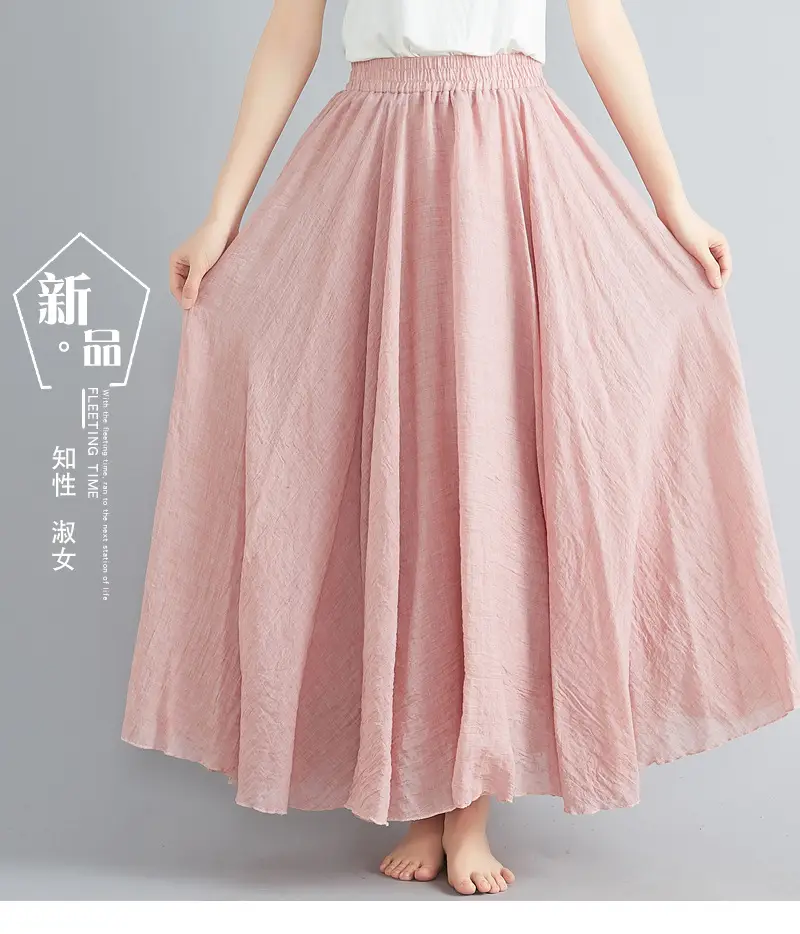 Mori Girl Literary Large Linen A-Line Skirt Blue — feature 4