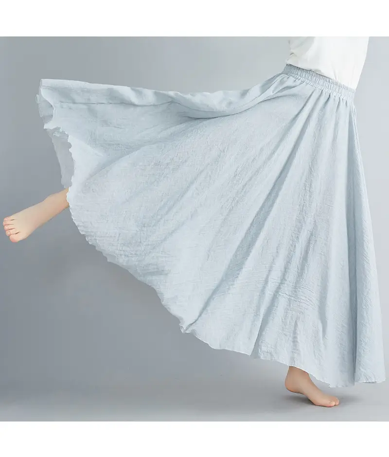 Mori Girl Literary Large Linen A-Line Skirt Blue — feature 48