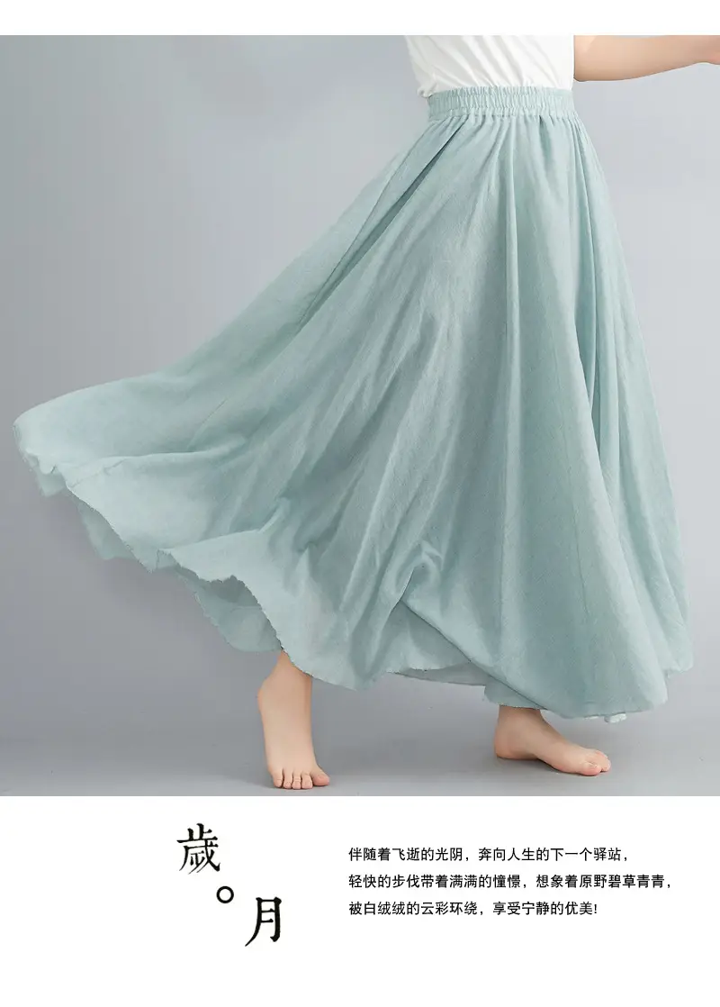 Mori Girl Literary Large Linen A-Line Skirt Blue — feature 49