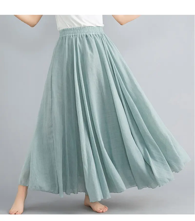 Mori Girl Literary Large Linen A-Line Skirt Blue — feature 51