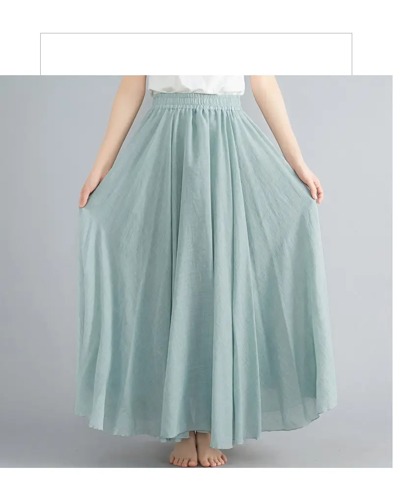 Mori Girl Literary Large Linen A-Line Skirt Blue — feature 53