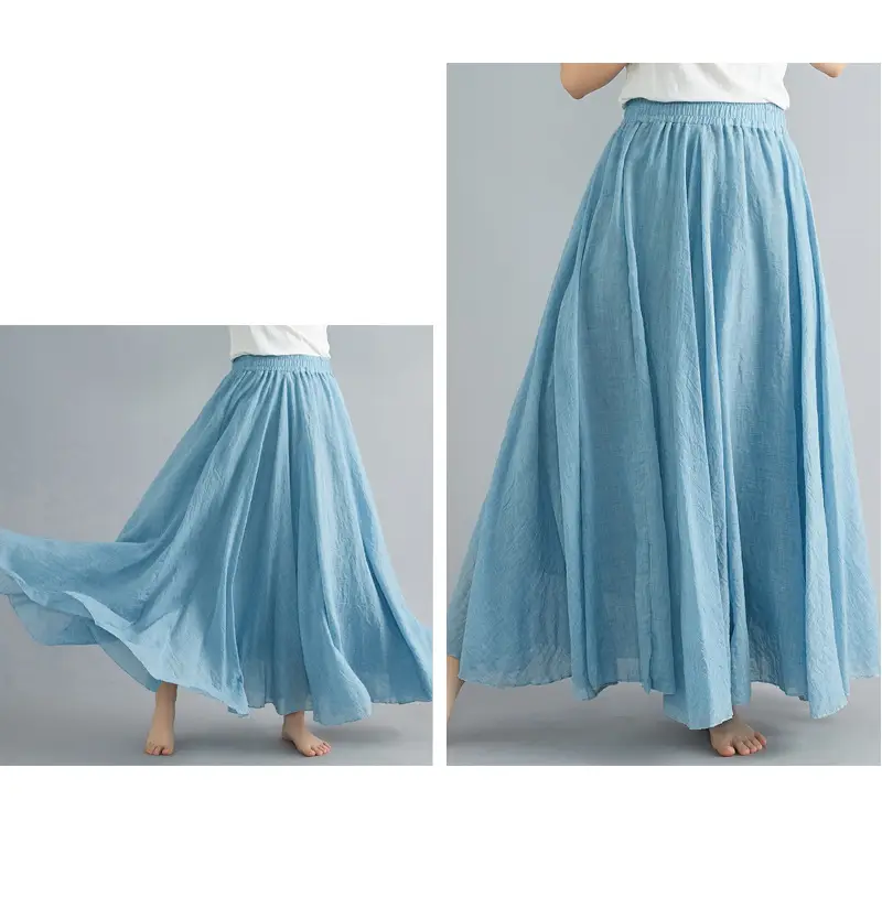 Mori Girl Literary Large Linen A-Line Skirt Blue — feature 54