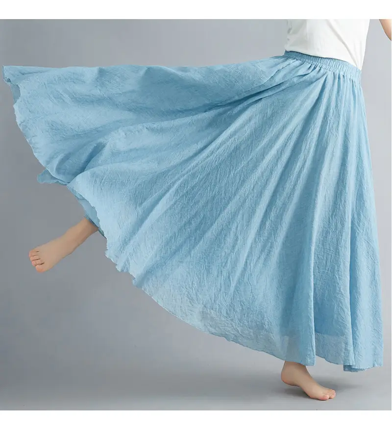 Mori Girl Literary Large Linen A-Line Skirt Blue — feature 55