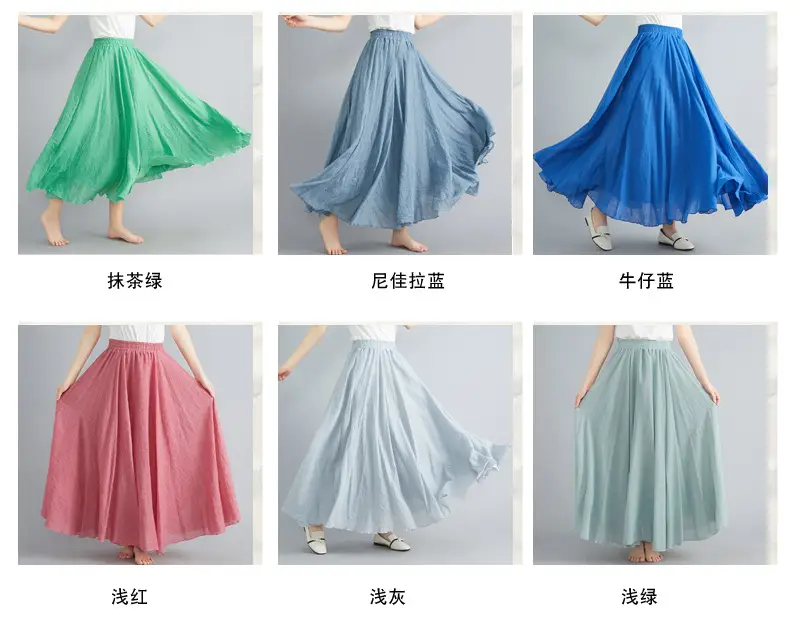 Mori Girl Literary Large Linen A-Line Skirt Blue — feature 6