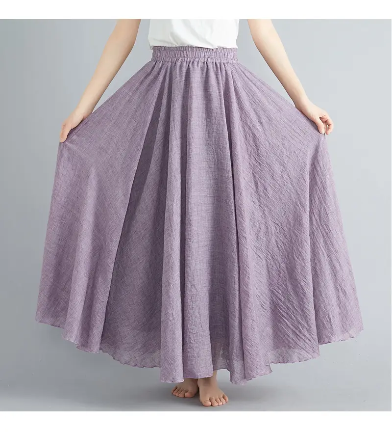 Mori Girl Literary Large Linen A-Line Skirt Blue — feature 68