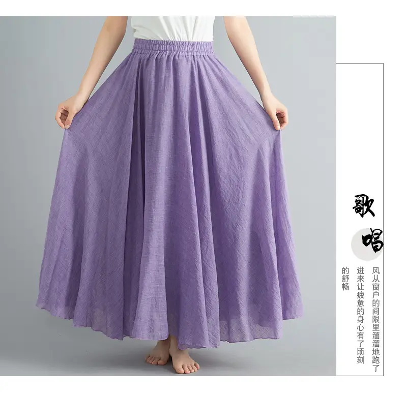 Mori Girl Literary Large Linen A-Line Skirt Blue — feature 74