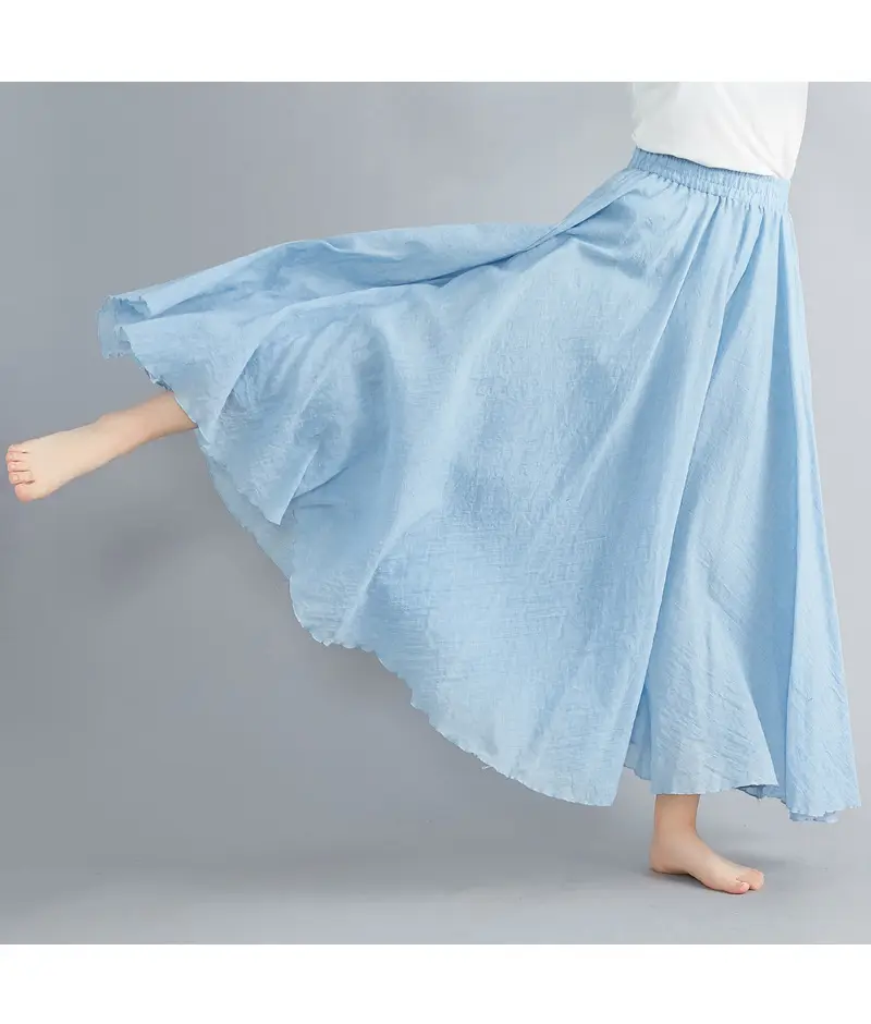 Mori Girl Literary Large Linen A-Line Skirt Blue - Image 12