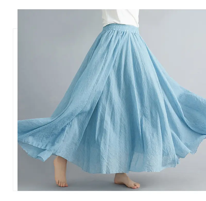 Mori Girl Literary Large Linen A-Line Skirt Blue - Image 16