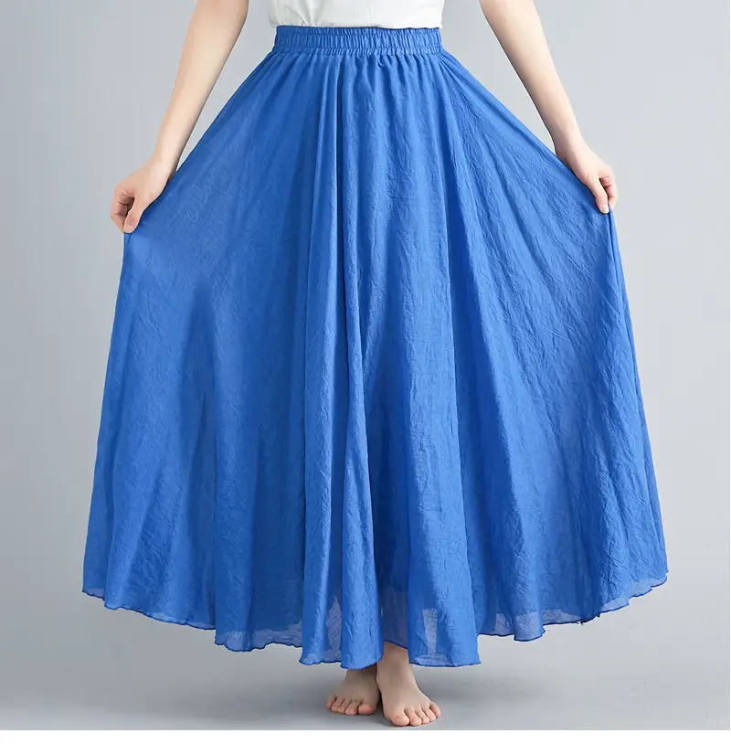 Mori Girl Literary Large Linen A-Line Skirt Blue - Image 19