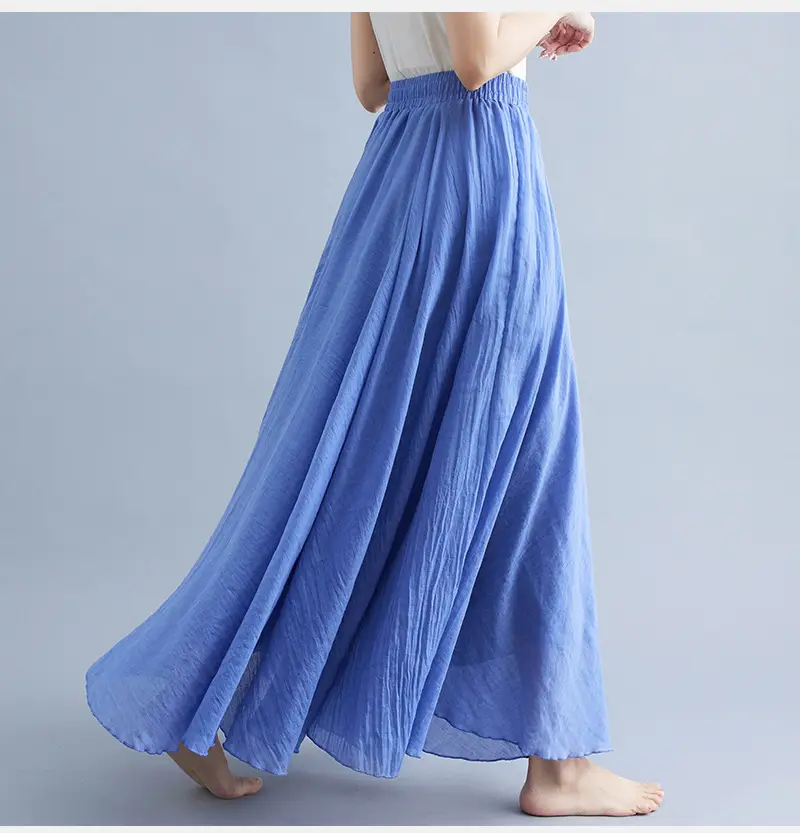Mori Girl Literary Large Linen A-Line Skirt Blue - Image 31