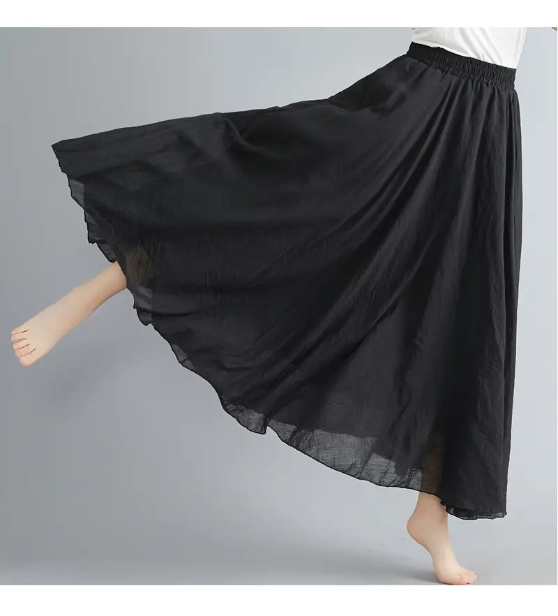 Mori Girl Literary Large Linen A-Line Skirt Blue - Image 5