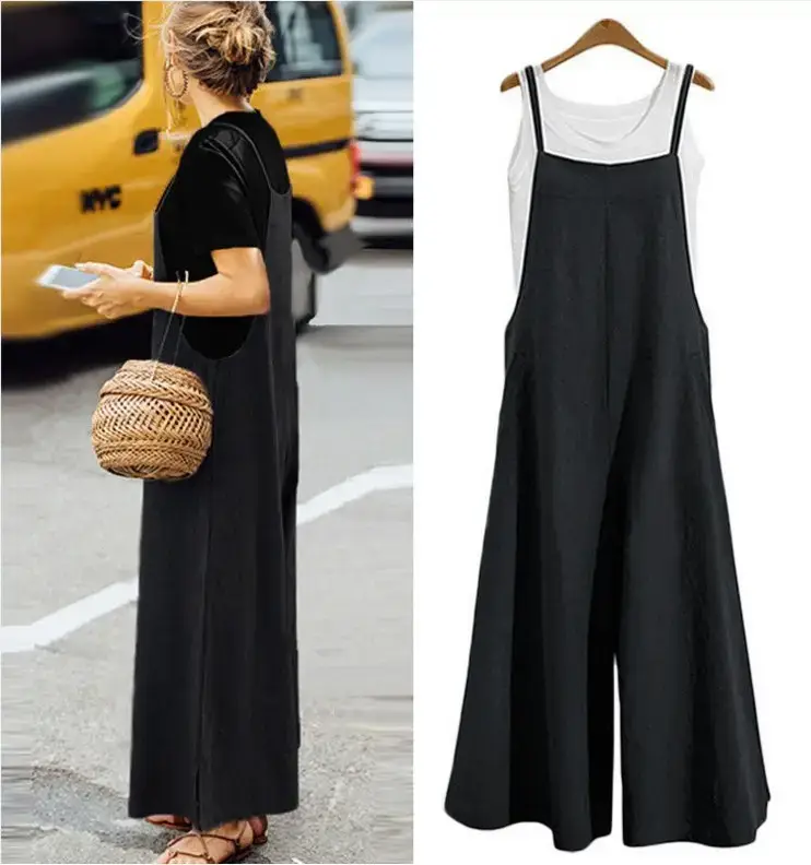 Blue Linen Strap Trousers Wide Leg Pants Casual — feature 4