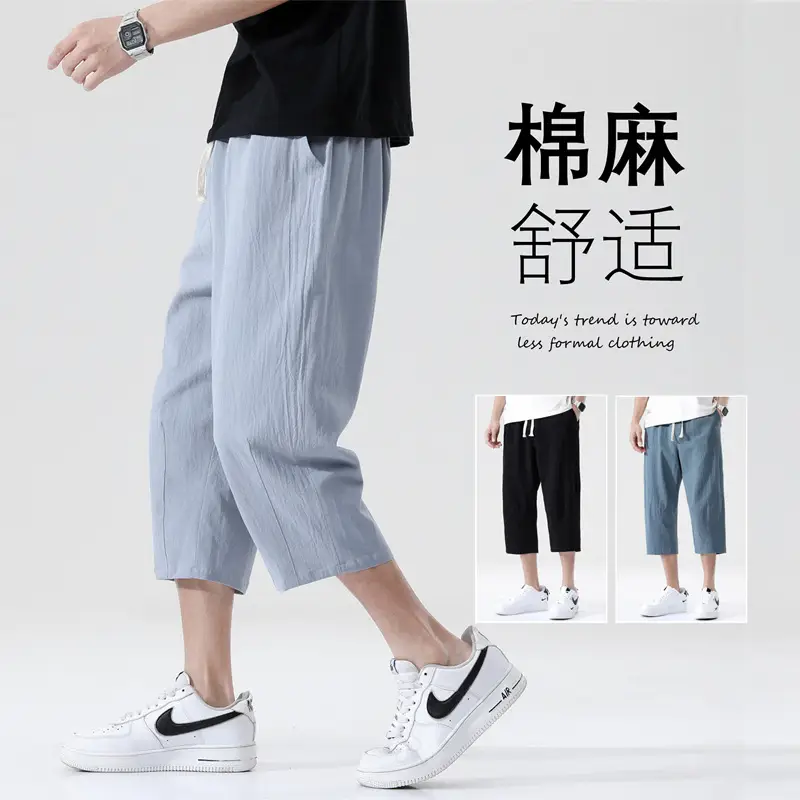 Men Blue Linen Capri Pants Casual Summer Wear - Image 7