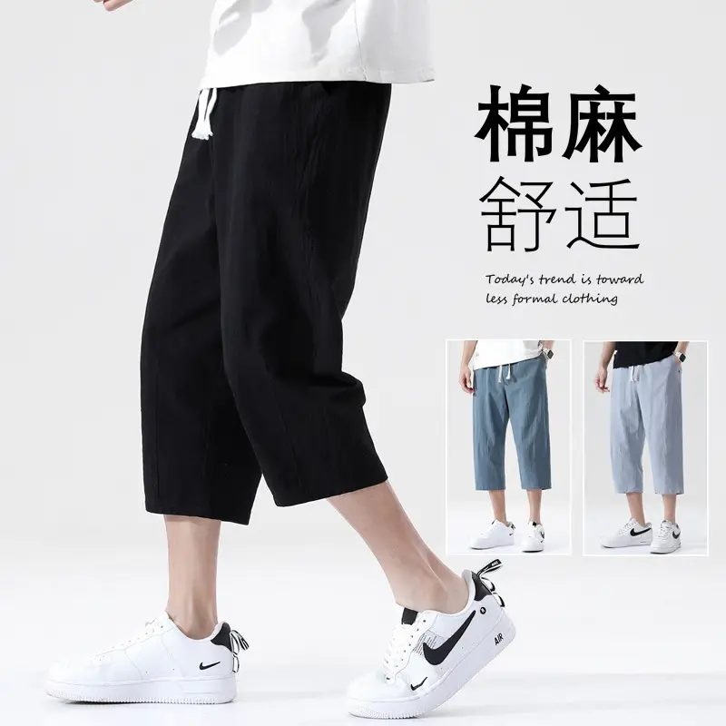 Men Blue Linen Capri Pants Casual Summer Wear - Image 8