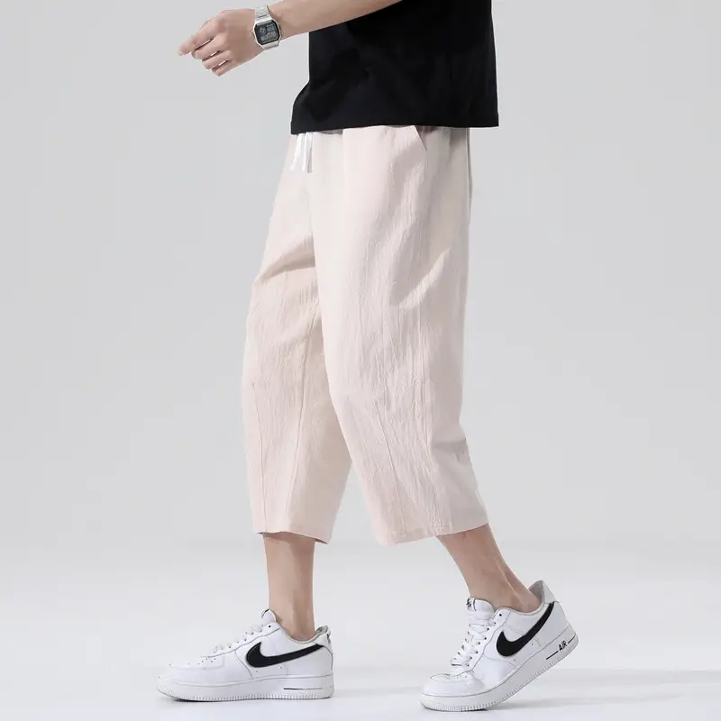 Men Blue Linen Capri Pants Casual Summer Wear - Image 10