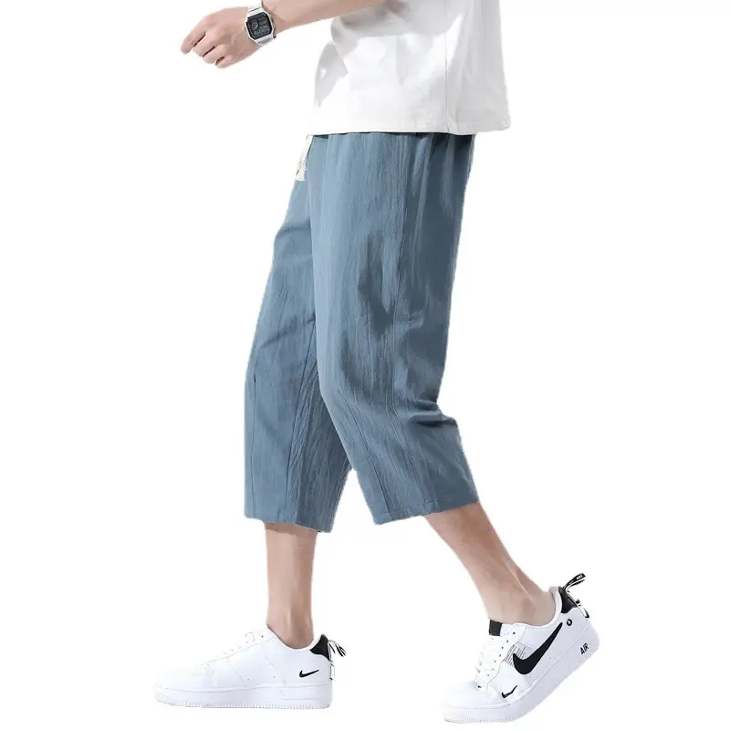 Men Blue Linen Capri Pants Casual Summer Wear - Image 11