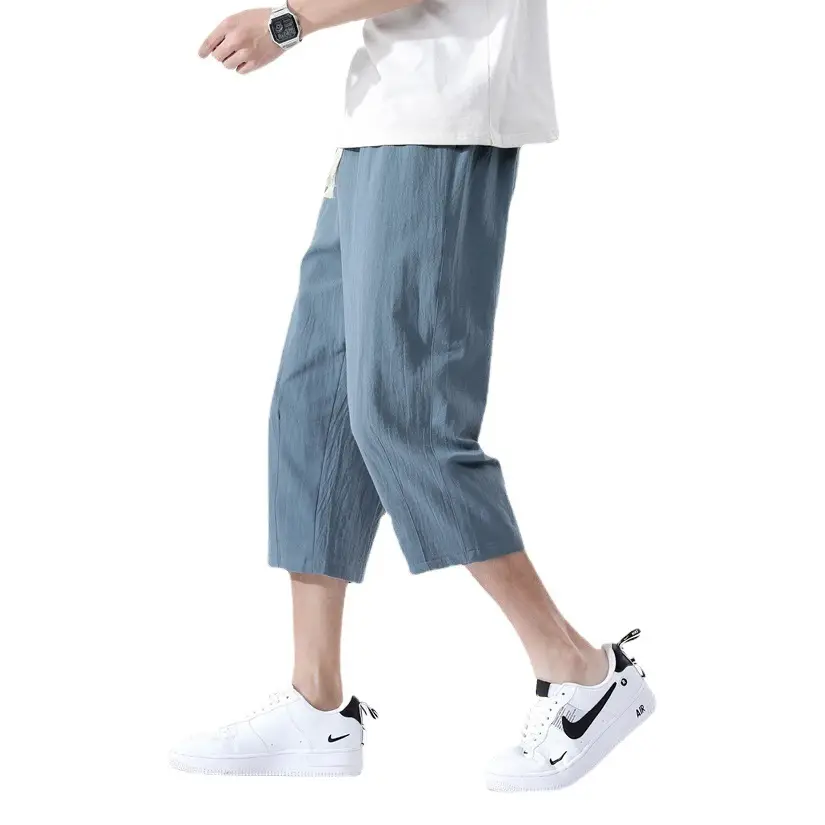 Men Blue Linen Capri Pants Casual Summer Wear