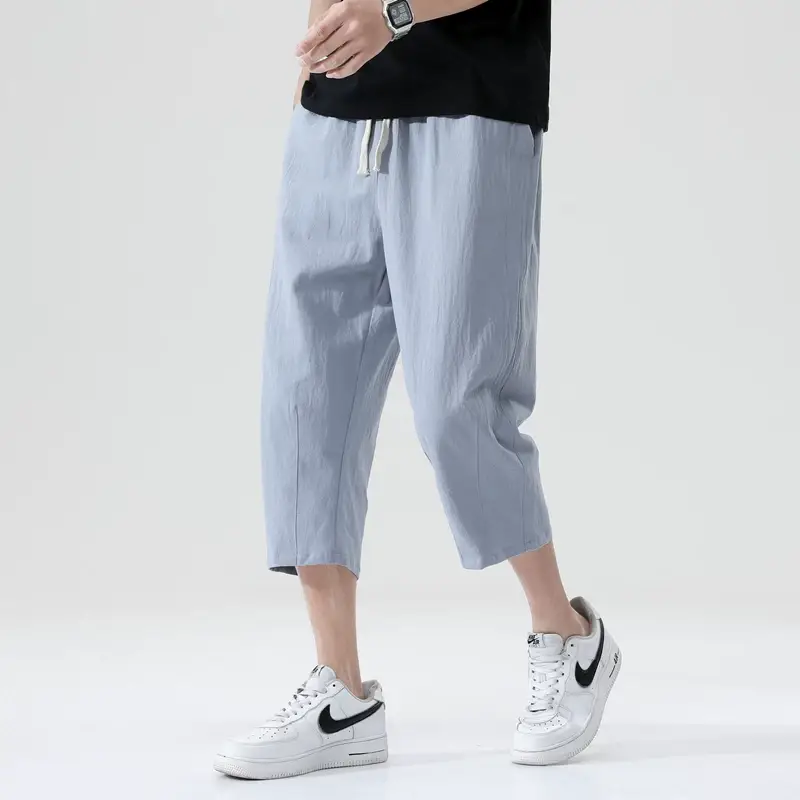 Men Blue Linen Capri Pants Casual Summer Wear — feature 3