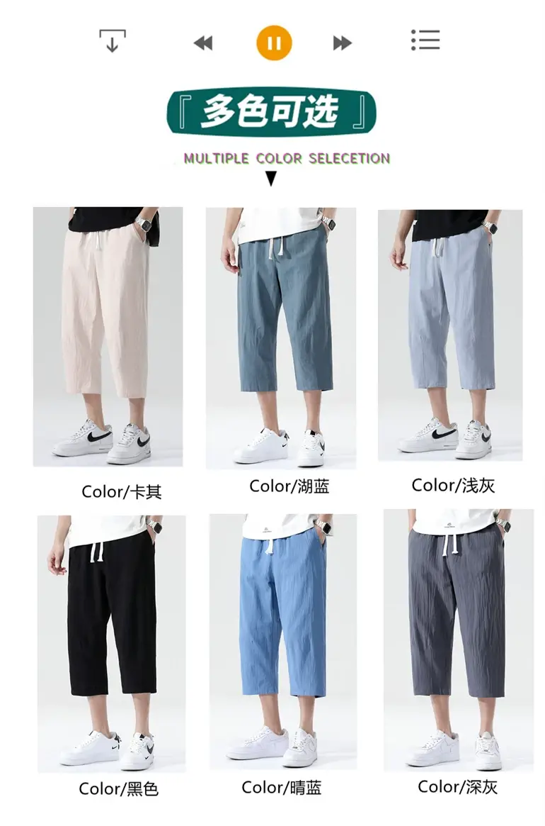 Men Blue Linen Capri Pants Casual Summer Wear — feature 4