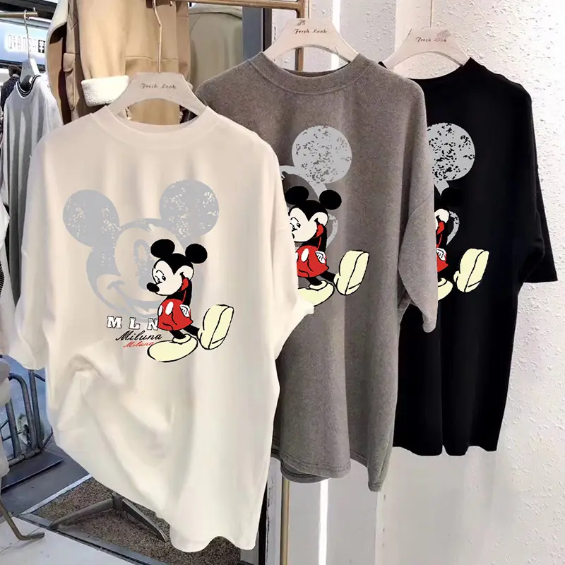 Women Printed Mickey Mouse T-Shirt White Loose Spring Summer - Image 7