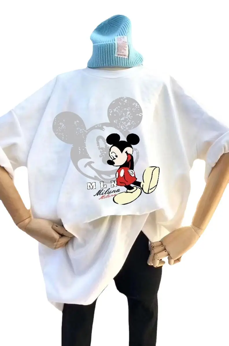 Women Printed Mickey Mouse T-Shirt White Loose Spring Summer - Image 10