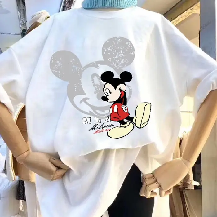 Women Printed Mickey Mouse T-Shirt White Loose Spring Summer - Image 3