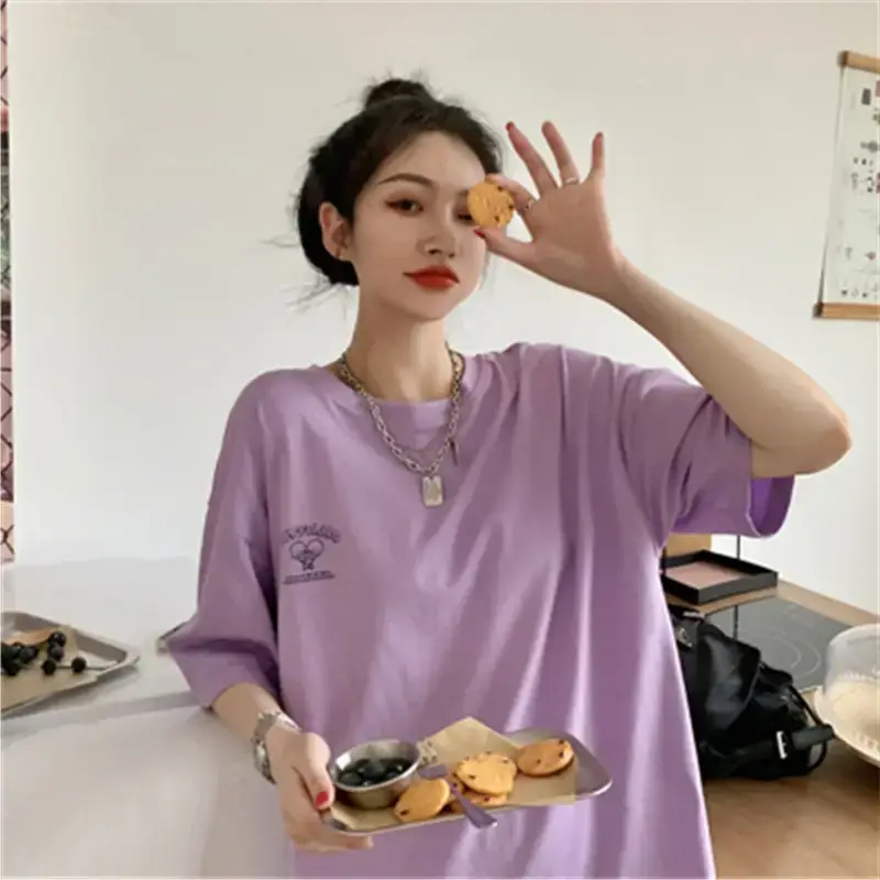 Women Summer T-Shirt Purple Letter Print Loose Fit - Image 2
