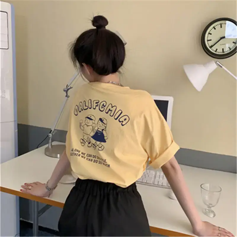 Women Summer T-Shirt Purple Letter Print Loose Fit - Image 3