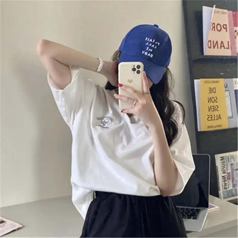 Women Summer T-Shirt Purple Letter Print Loose Fit - Image 4
