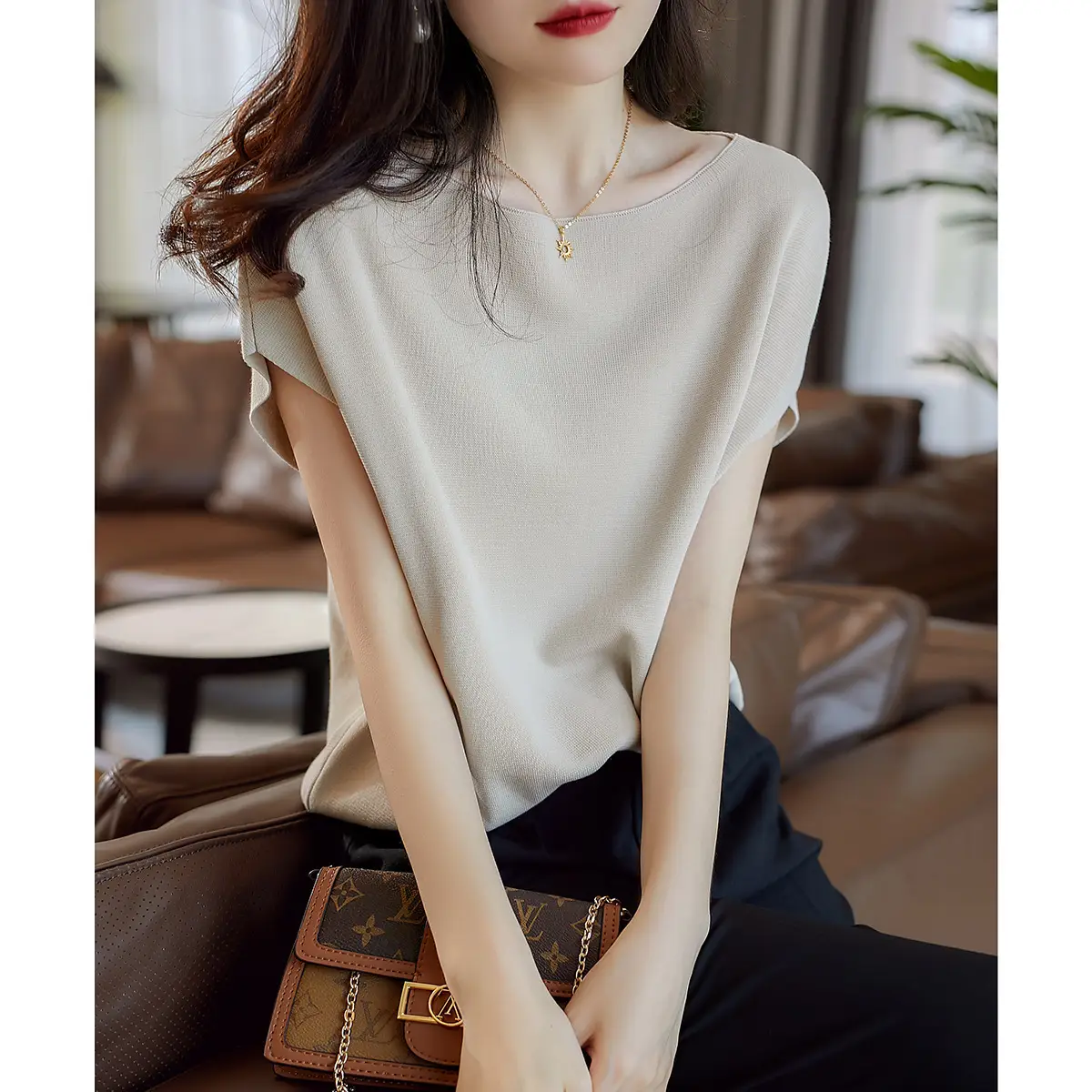 Ice Silk Batwing Sleeve T-Shirt Light Blue 2024