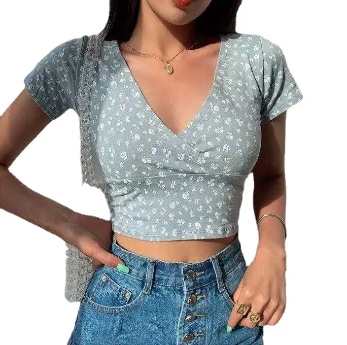 2025 Floral Short Crop Top for Women Summer Slim Fit V-Neck - Image 9