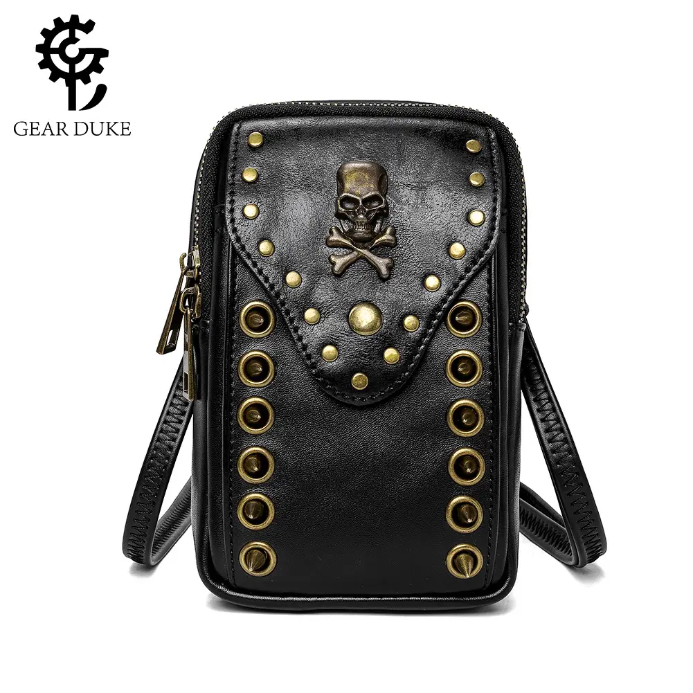 Black Skull Rivet Women's Shoulder Bag with Mobile Phone Compartment - Image 2