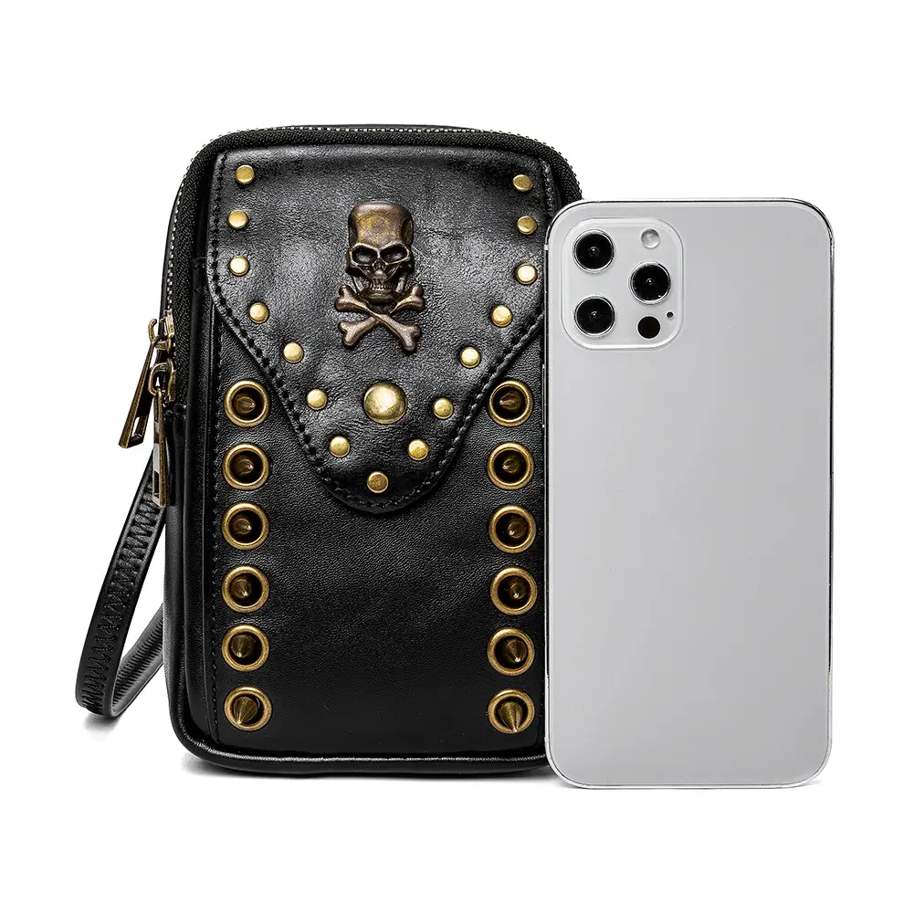 Black Skull Rivet Women's Shoulder Bag with Mobile Phone Compartment - Image 4