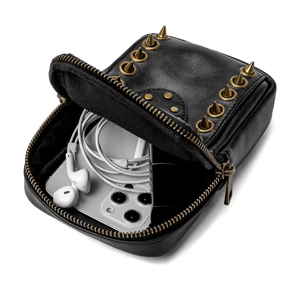 Black Skull Rivet Women's Shoulder Bag with Mobile Phone Compartment - Image 5