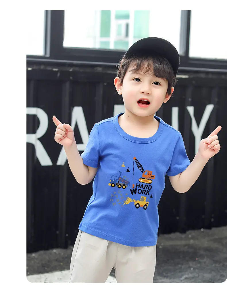 Kids T-Shirt Blue Excavator Print 100% Cotton — feature 11