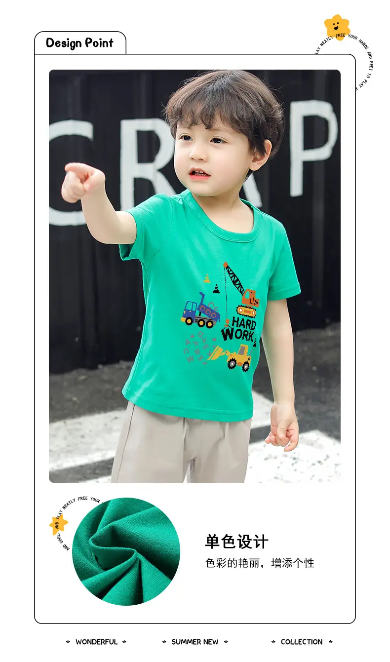 Kids T-Shirt Blue Excavator Print 100% Cotton — feature 2