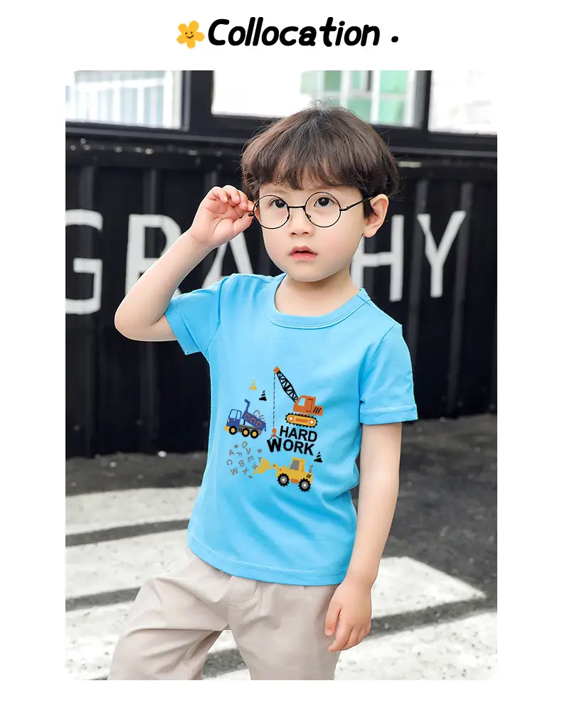 Kids T-Shirt Blue Excavator Print 100% Cotton — feature 7