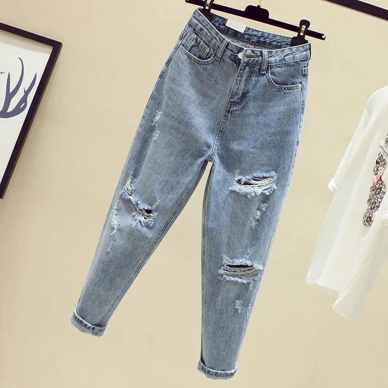 Women Ripped Light Blue Jeans Spring Summer High Waist - Image 3