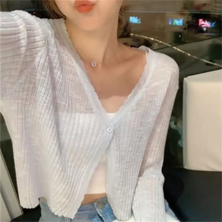 Women White Knitted Cardigan Long Sleeve Summer Top - Image 10