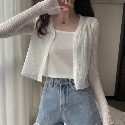 Women White Knitted Cardigan Long Sleeve Summer Top — feature 12