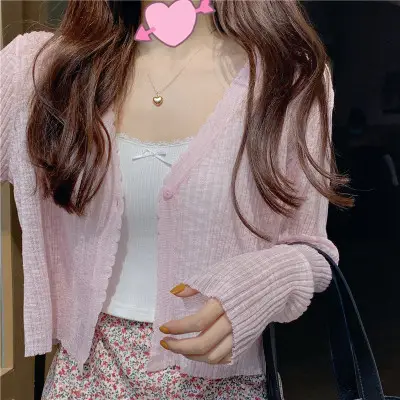 Women White Knitted Cardigan Long Sleeve Summer Top — feature 15