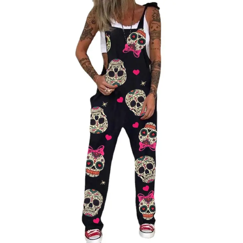 Black Printed Skull & Heart Trousers Set for Women