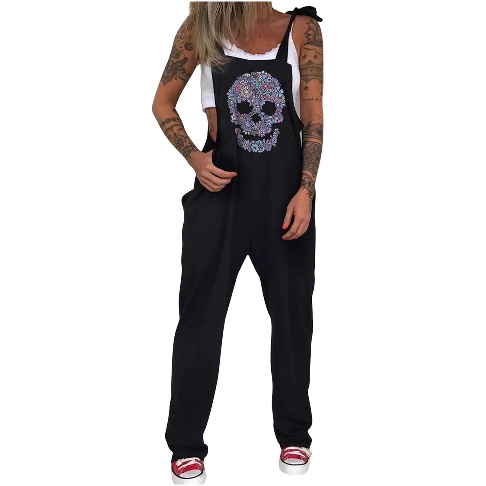 Black Printed Skull & Heart Trousers Set for Women