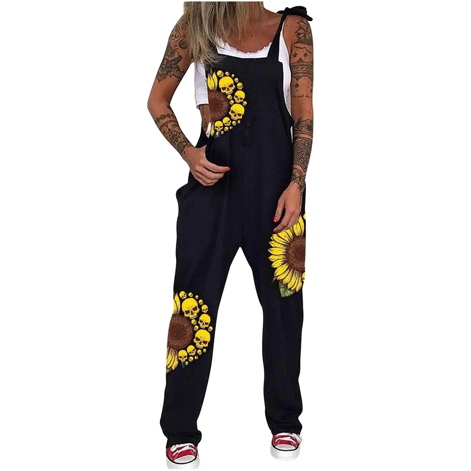 Black Printed Skull & Heart Trousers Set for Women
